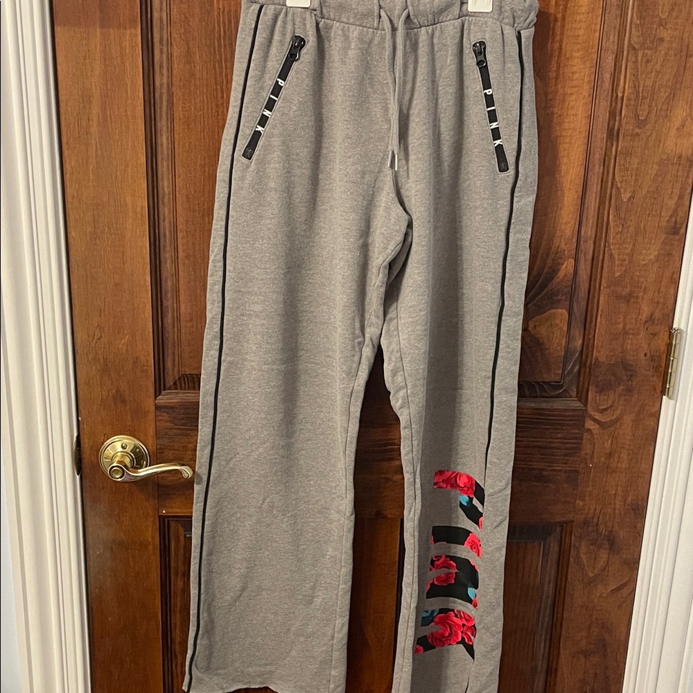 Victoria Secret Pink Boyfriend Sweatpants with Black and Pink floral logo